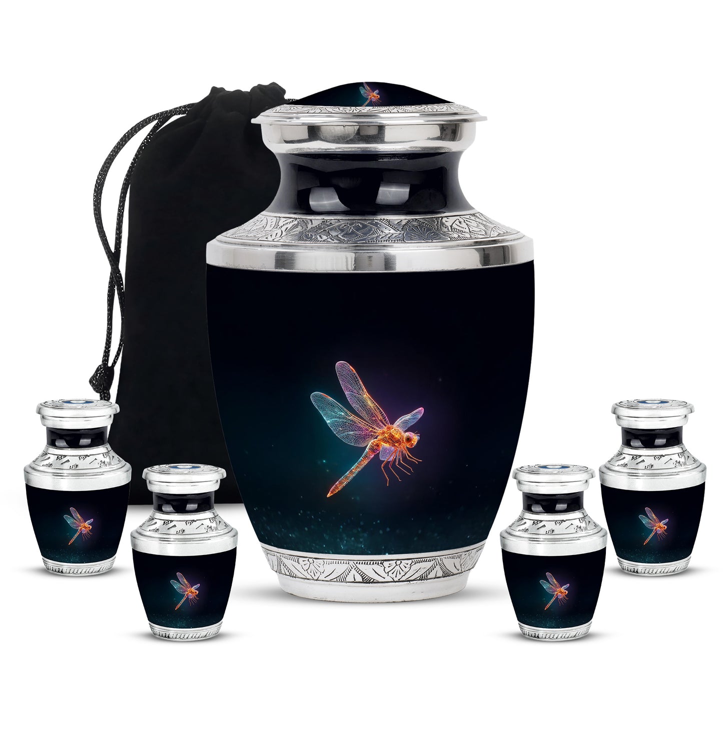 Charcoal Black Dragonfly Cremation Urn lifestyle display on memorial shelf - stylized abstract dragonfly pattern with bold lines - memorial set with one large and four small urns