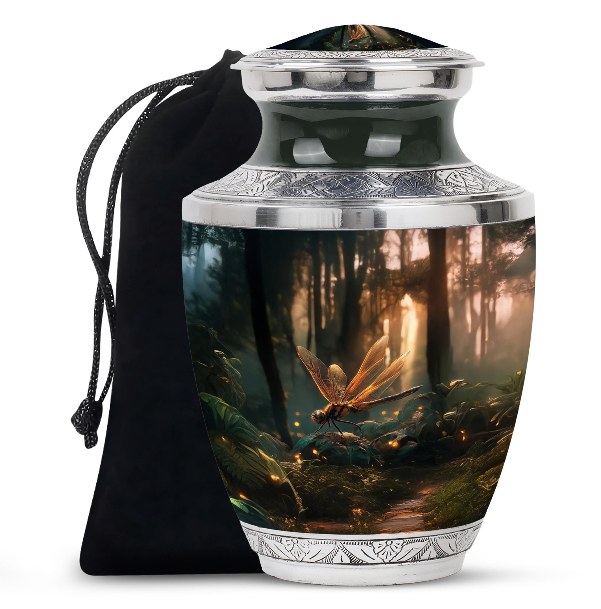 Deep Black Dragonfly Cremation Urn side profile showing urn shape - modern art-inspired dragonfly motif on sleek aluminum - full-size 10 inch 200 cubic inch adult cremation urn
