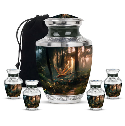 Jet Black Dragonfly Cremation Urn lifestyle display on memorial shelf - modern art-inspired dragonfly motif on sleek aluminum - memorial set with one large and four small urns