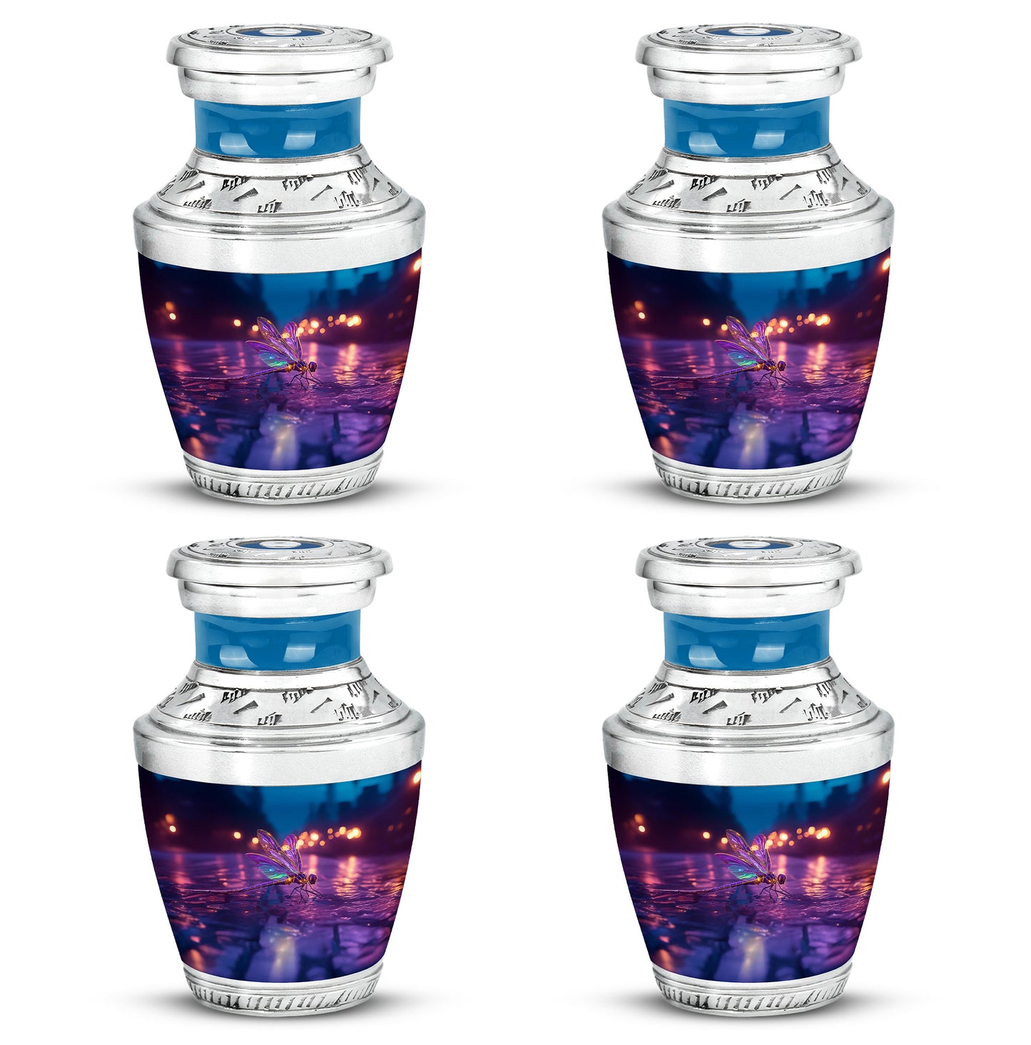 Icy Blue Dragonfly Cremation Urn back view with polished surface - contemporary dragonfly design with modern artistic flair - 10 inch aluminum urn for cremated remains