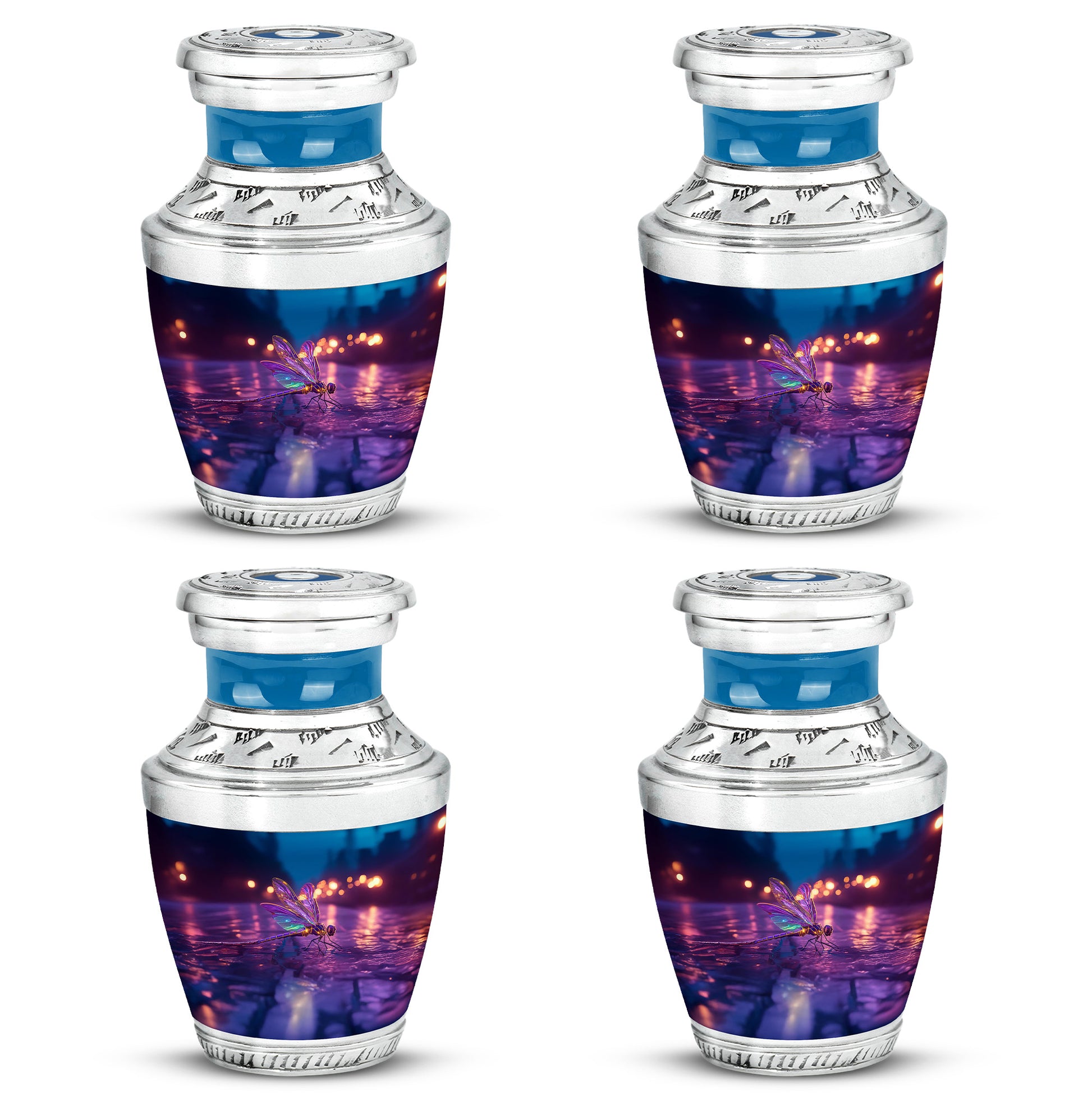 Icy Blue Dragonfly Cremation Urn back view with polished surface - contemporary dragonfly design with modern artistic flair - 10 inch aluminum urn for cremated remains