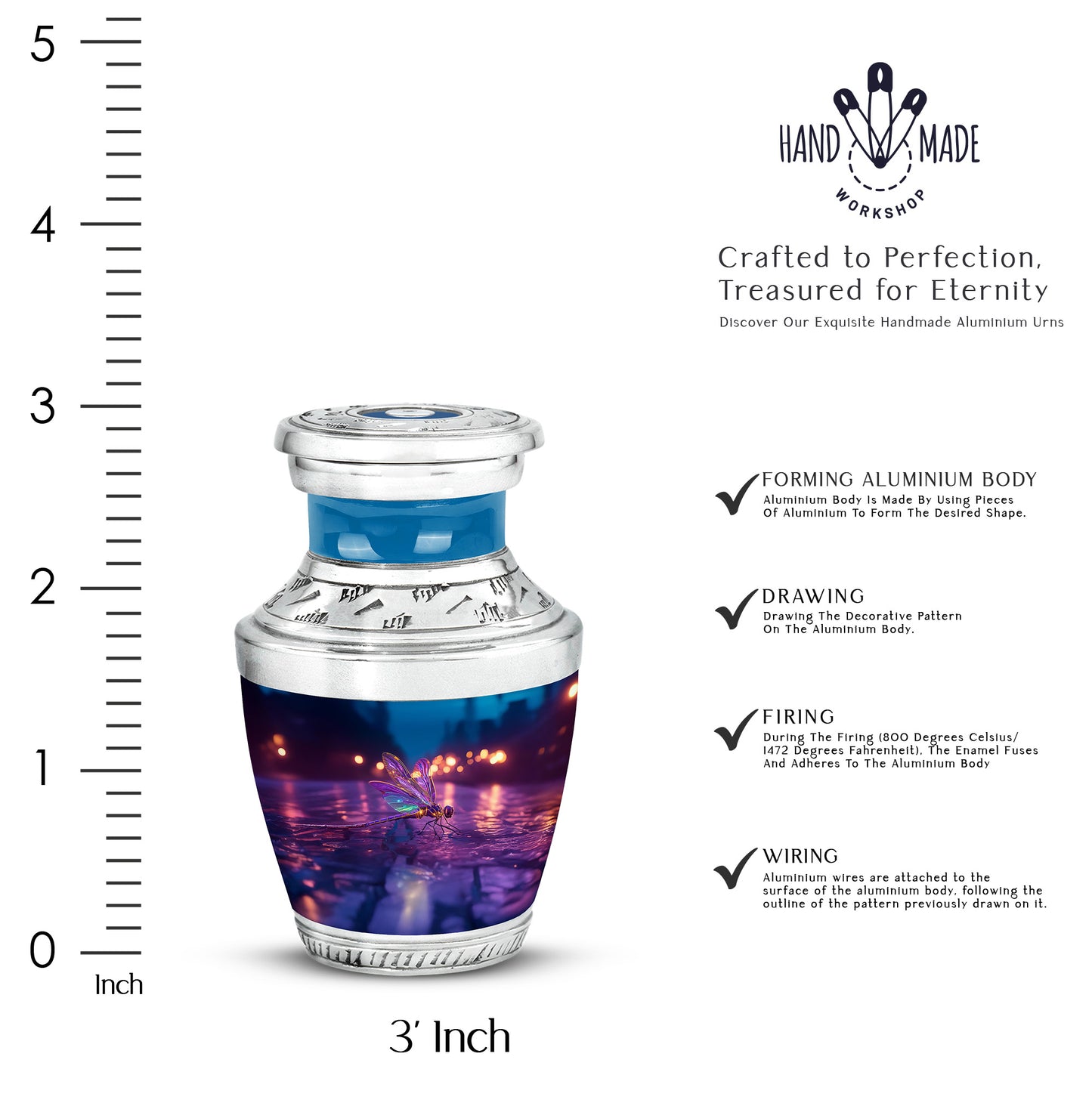 Azure Dragonfly Cremation Urn top-down view of secure threaded lid - contemporary dragonfly design with modern artistic flair - mini keepsake memorial for portion of cremation ashes