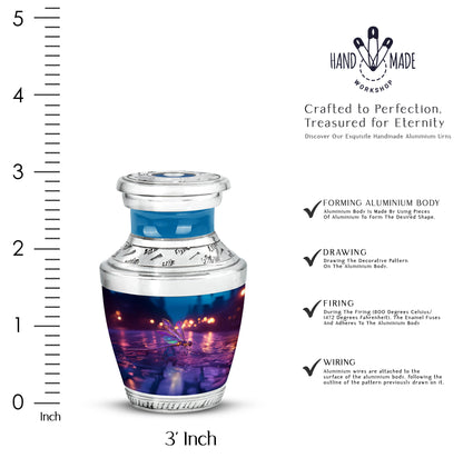 Azure Dragonfly Cremation Urn top-down view of secure threaded lid - contemporary dragonfly design with modern artistic flair - mini keepsake memorial for portion of cremation ashes