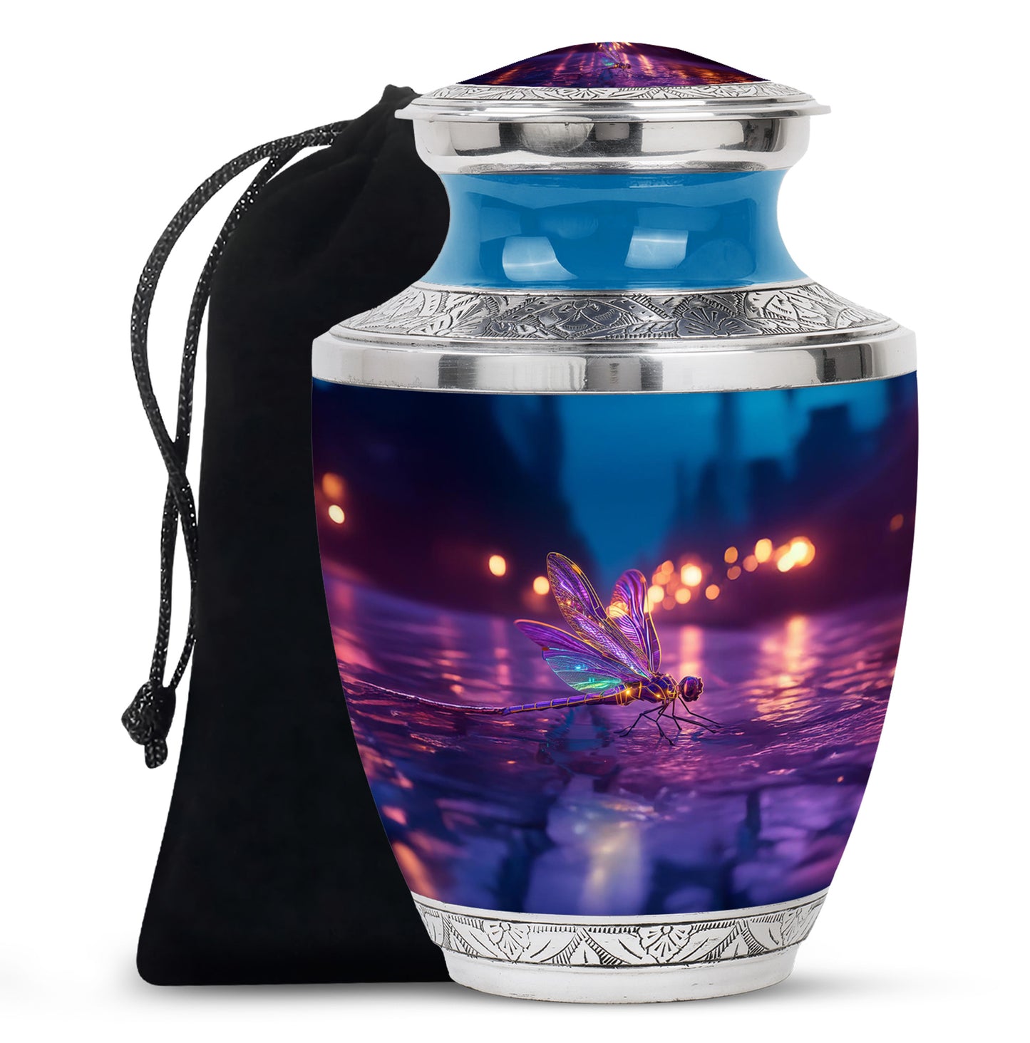 Vivid Blue Dragonfly Cremation Urn side profile showing urn shape - stylized abstract dragonfly pattern with bold lines - full-size 10 inch 200 cubic inch adult cremation urn