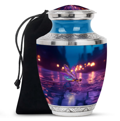 Vivid Blue Dragonfly Cremation Urn side profile showing urn shape - stylized abstract dragonfly pattern with bold lines - full-size 10 inch 200 cubic inch adult cremation urn