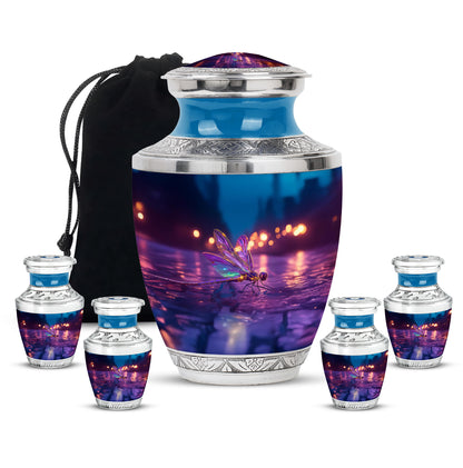 Vivid Blue Dragonfly Cremation Urn lifestyle display on memorial shelf - artistic dragonfly interpretation with creative detail - memorial set with one large and four small urns