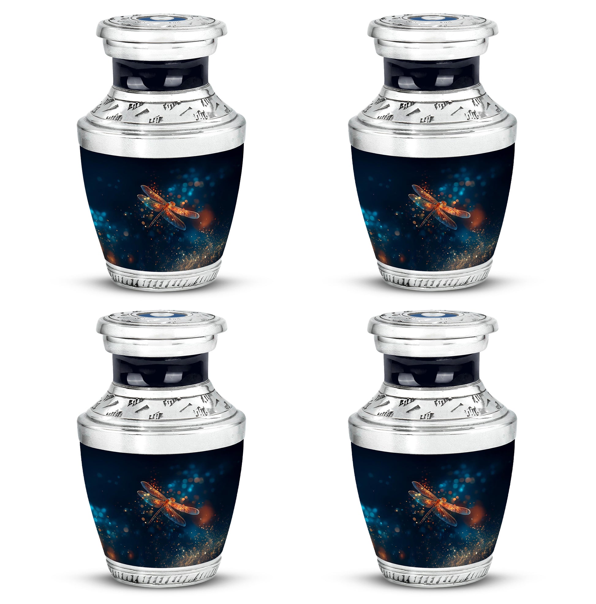 Cobalt Blue Dragonfly Cremation Urn back view with polished surface - stylized abstract dragonfly pattern with bold lines - 10 inch aluminum urn for cremated remains