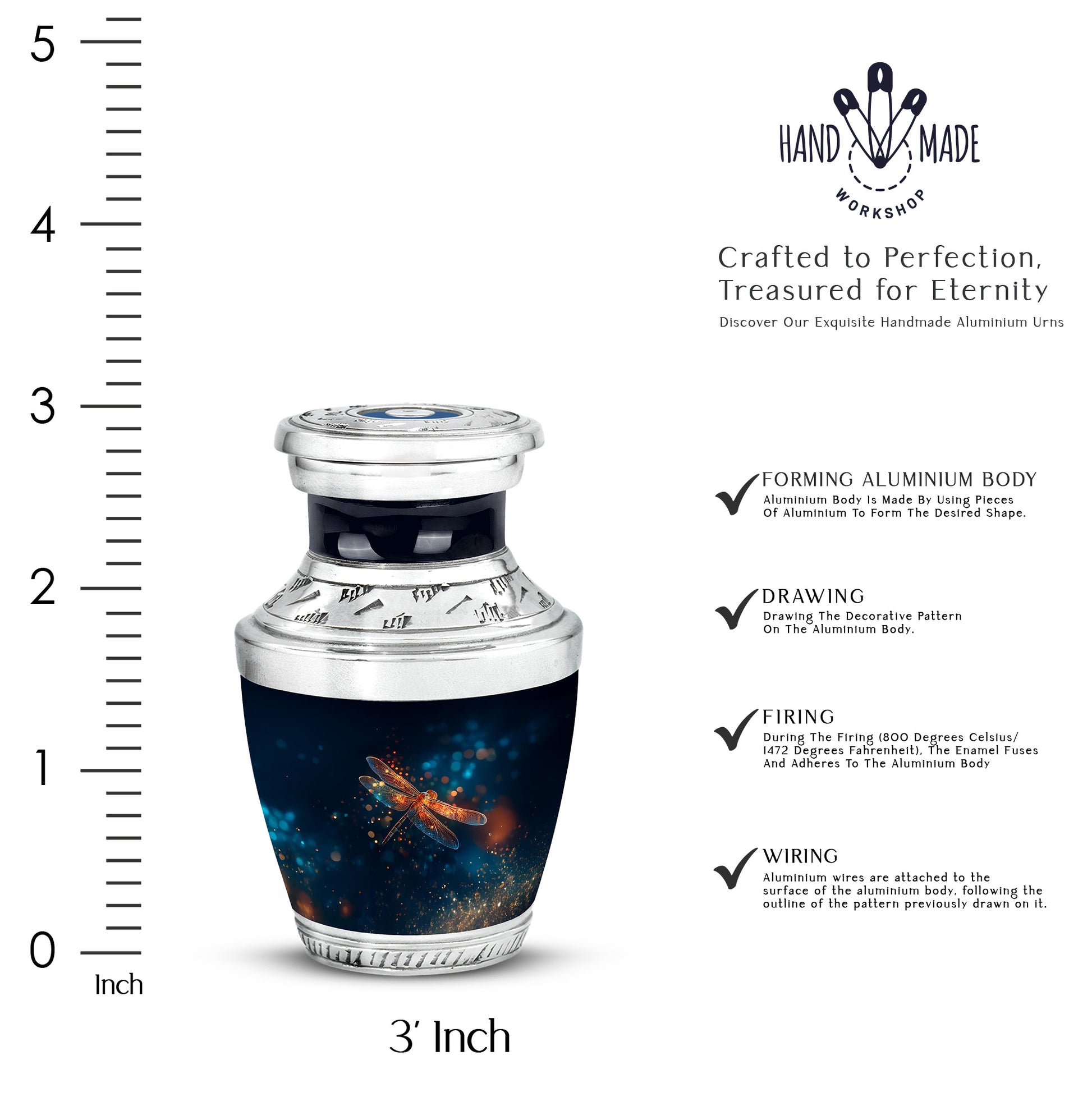 Serene Blue Dragonfly Cremation Urn top-down view of secure threaded lid - artistic dragonfly interpretation with creative detail - mini keepsake memorial for portion of cremation ashes