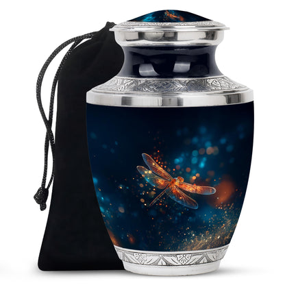 Bright Blue Dragonfly Cremation Urn side profile showing urn shape - artistic dragonfly interpretation with creative detail - full-size 10 inch 200 cubic inch adult cremation urn