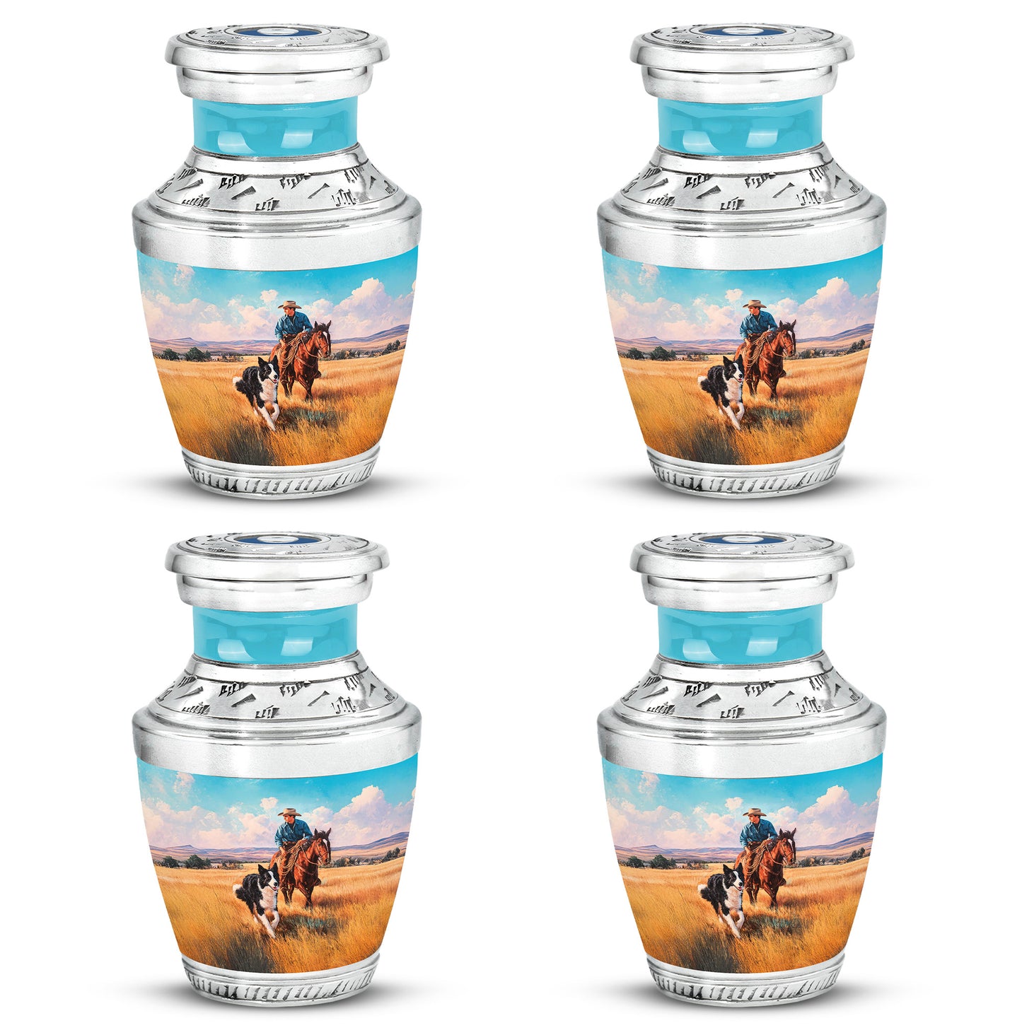 Deep Teal Cowboy Cremation Urn back view with polished surface - stylized abstract cowboy pattern with bold lines - 10 inch aluminum urn for cremated remains