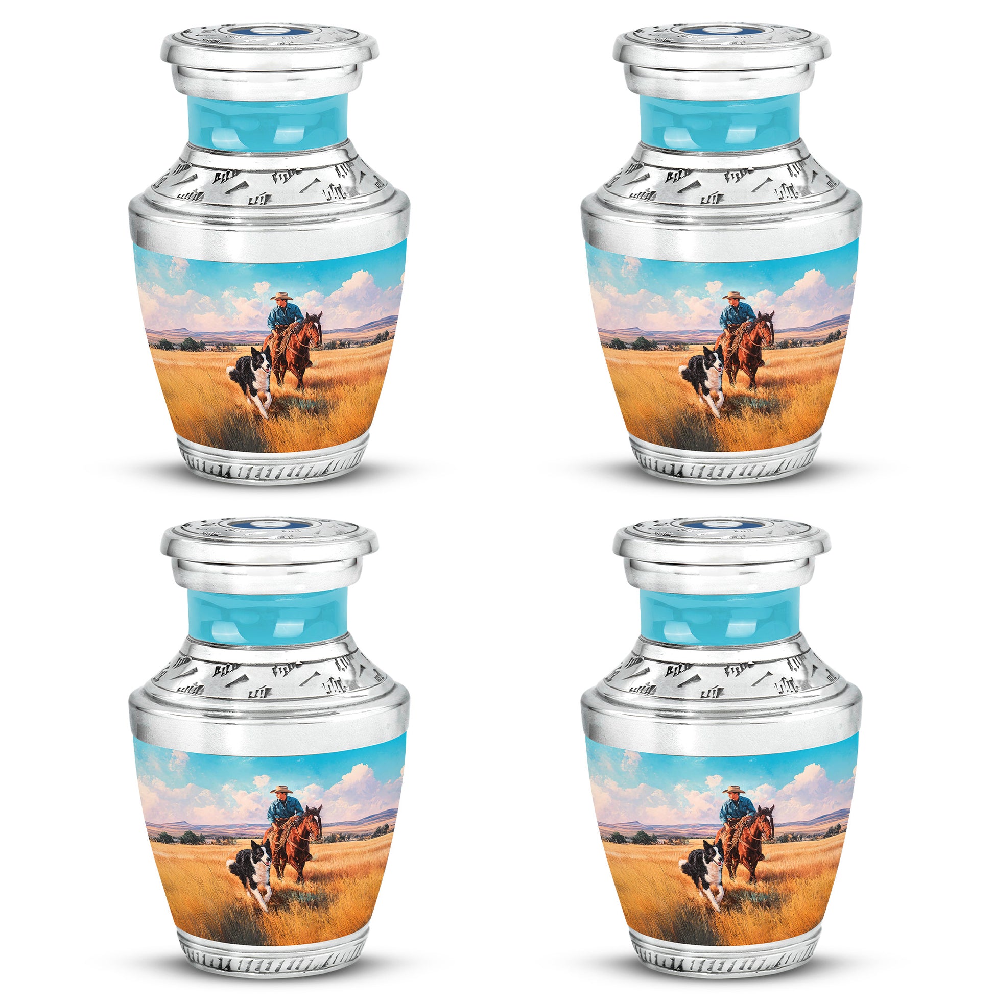 Deep Teal Cowboy Cremation Urn back view with polished surface - stylized abstract cowboy pattern with bold lines - 10 inch aluminum urn for cremated remains
