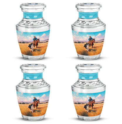 Deep Teal Cowboy Cremation Urn back view with polished surface - stylized abstract cowboy pattern with bold lines - 10 inch aluminum urn for cremated remains