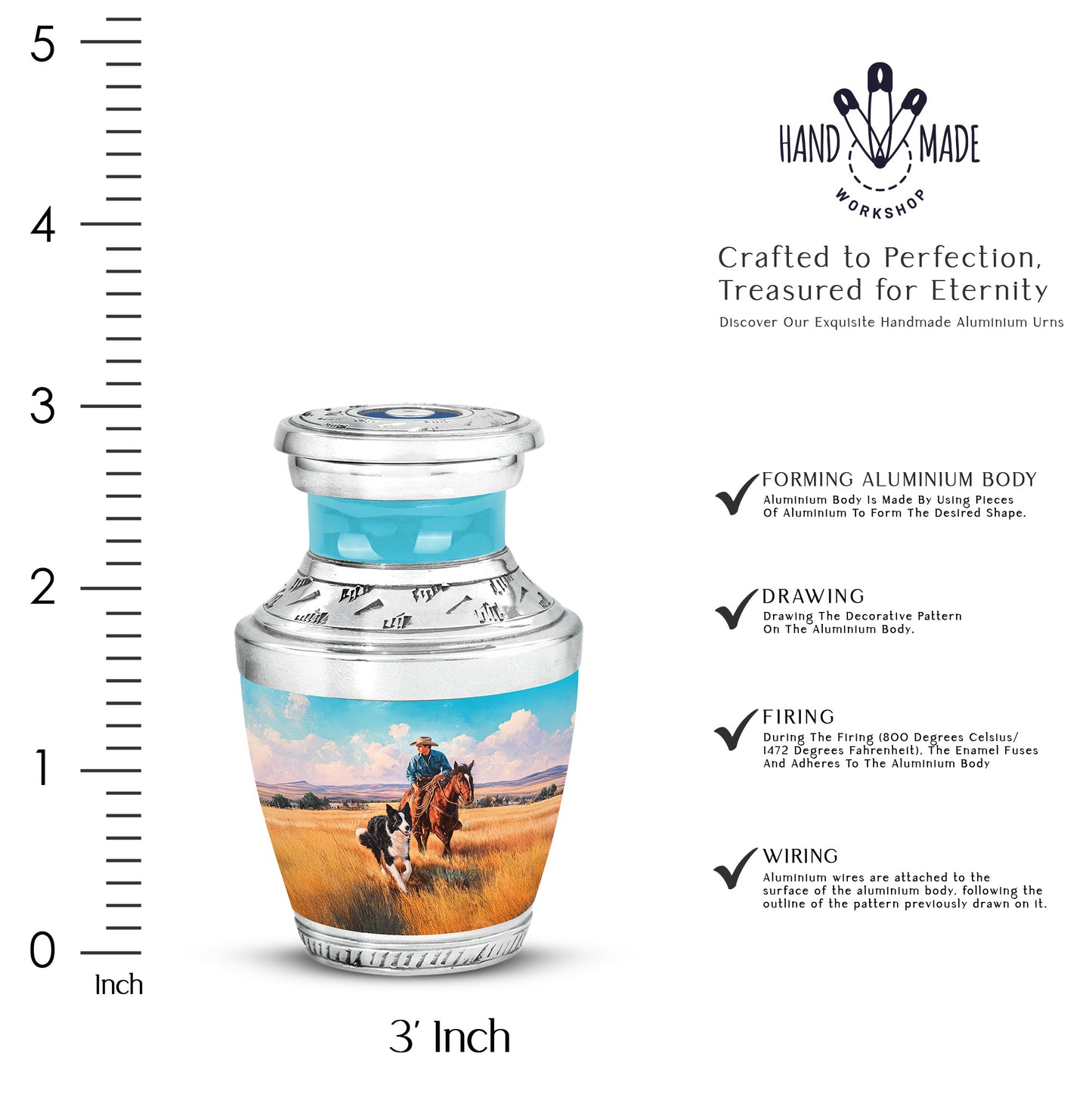 Mystic Teal Cowboy Cremation Urn top-down view of secure threaded lid - stylized abstract cowboy pattern with bold lines - mini keepsake memorial for portion of cremation ashes