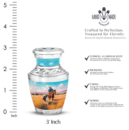 Mystic Teal Cowboy Cremation Urn top-down view of secure threaded lid - stylized abstract cowboy pattern with bold lines - mini keepsake memorial for portion of cremation ashes