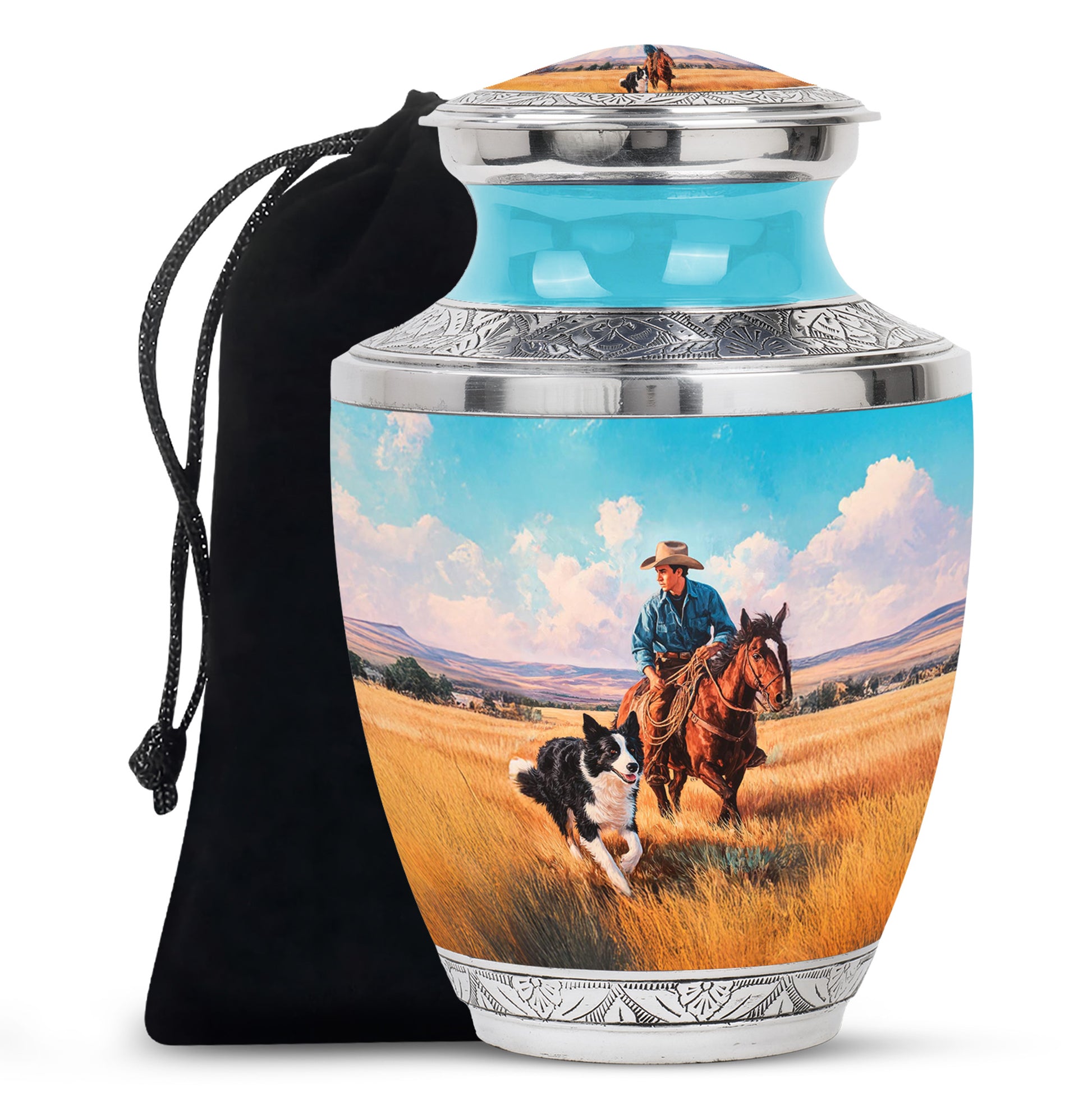 Soft Teal Cowboy Cremation Urn side profile showing urn shape - modern art-inspired cowboy motif on sleek aluminum - full-size 10 inch 200 cubic inch adult cremation urn