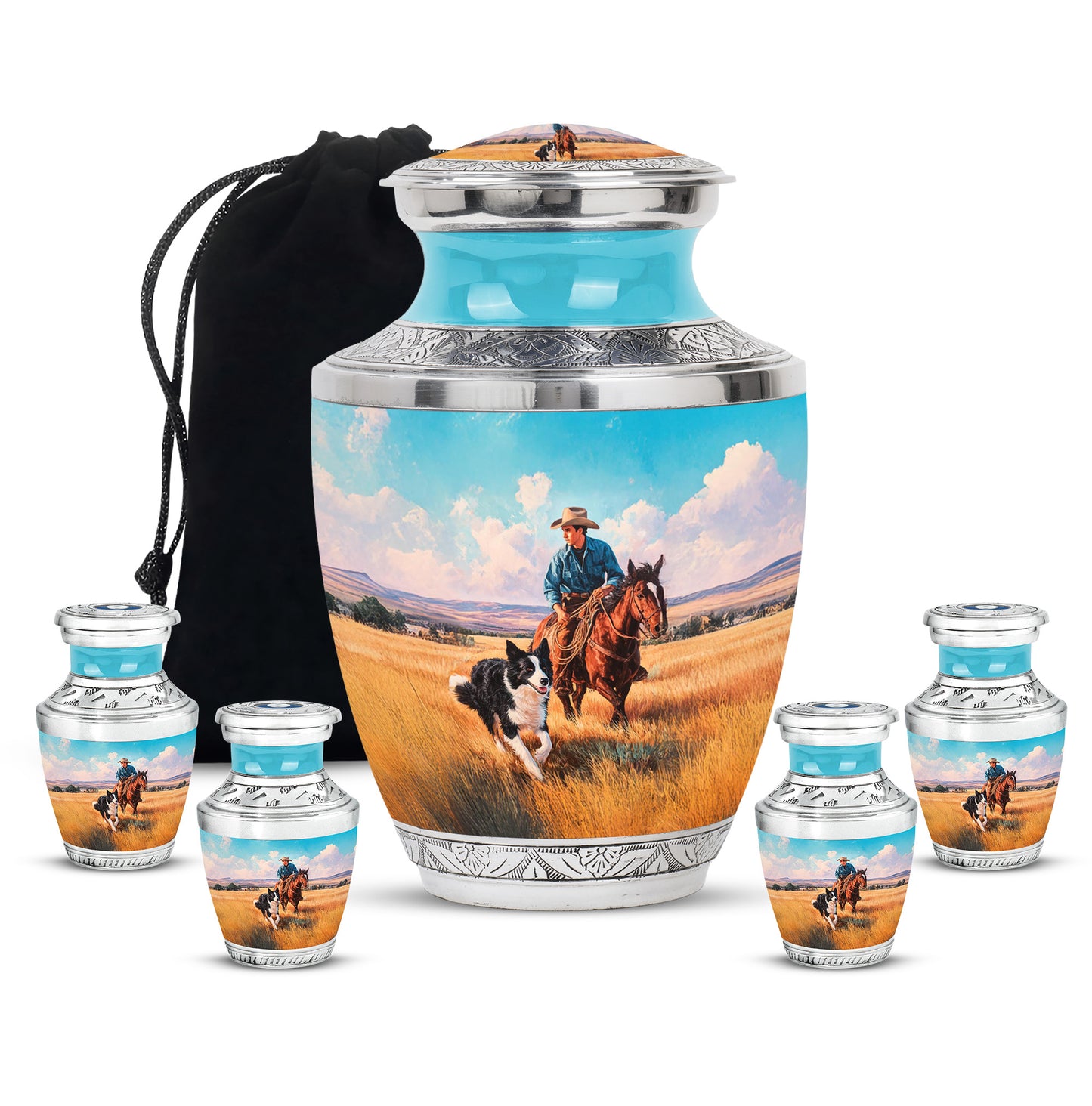 Deep Teal Cowboy Cremation Urn lifestyle display on memorial shelf - stylized abstract cowboy pattern with bold lines - memorial set with one large and four small urns