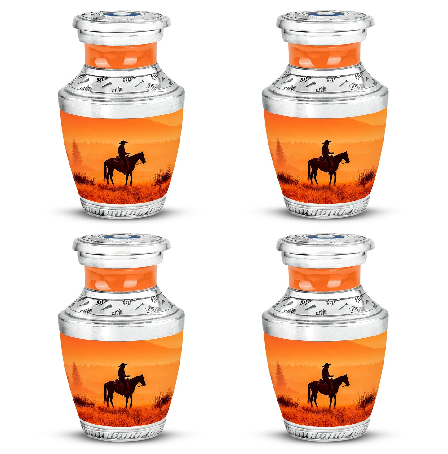 Amber Gold Cowboy Cremation Urn back view with polished surface - contemporary cowboy design with modern artistic flair - 10 inch aluminum urn for cremated remains