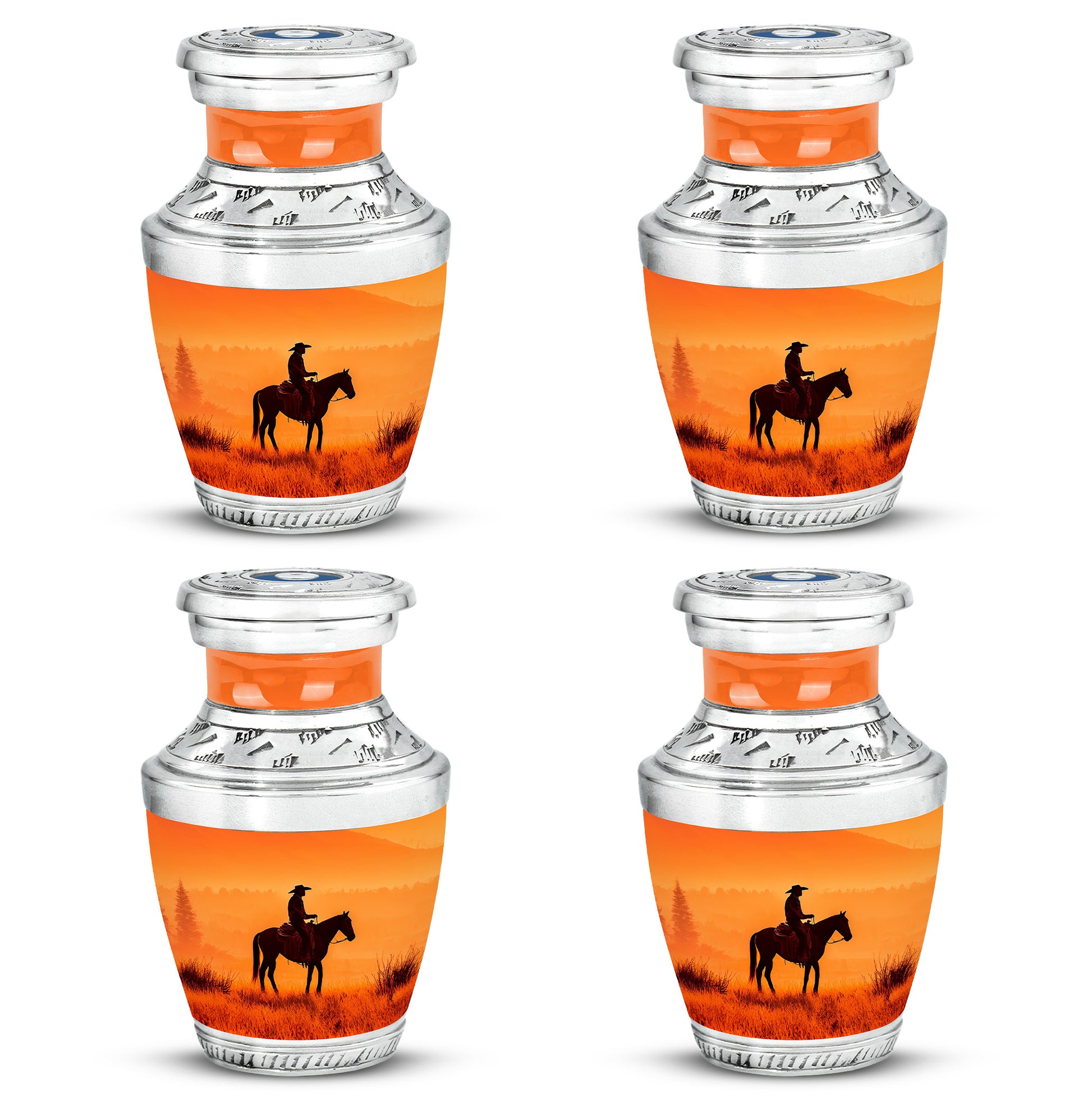 Amber Gold Cowboy Cremation Urn back view with polished surface - contemporary cowboy design with modern artistic flair - 10 inch aluminum urn for cremated remains