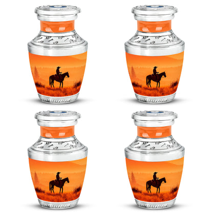 Amber Gold Cowboy Cremation Urn back view with polished surface - contemporary cowboy design with modern artistic flair - 10 inch aluminum urn for cremated remains