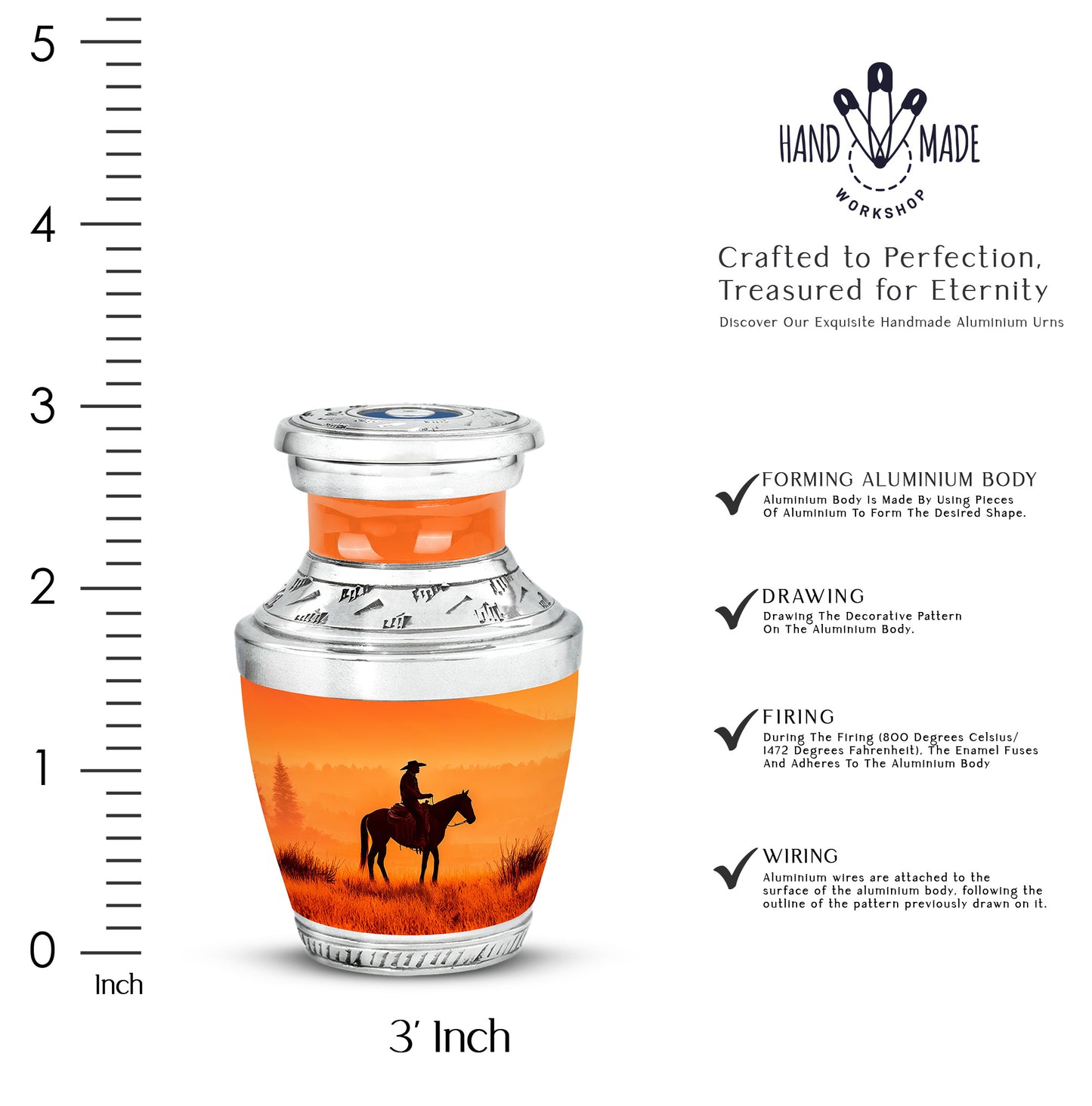 Amber Gold Cowboy Cremation Urn top-down view of secure threaded lid - contemporary cowboy design with modern artistic flair - mini keepsake memorial for portion of cremation ashes