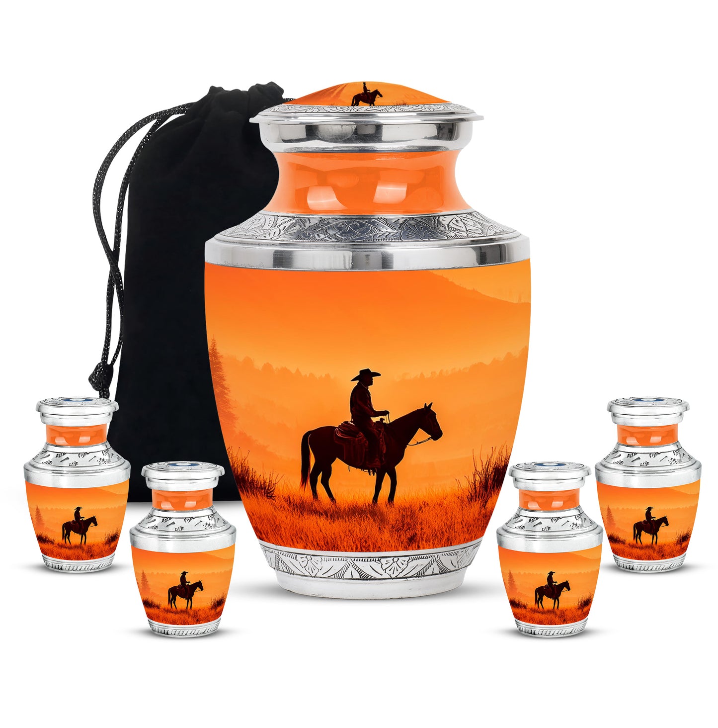 Matte Gold Cowboy Cremation Urn lifestyle display on memorial shelf - stylized abstract cowboy pattern with bold lines - memorial set with one large and four small urns