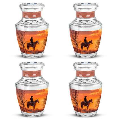 Cherry Red Cowboy Cremation Urn back view with polished surface - stylized abstract cowboy pattern with bold lines - 10 inch aluminum urn for cremated remains