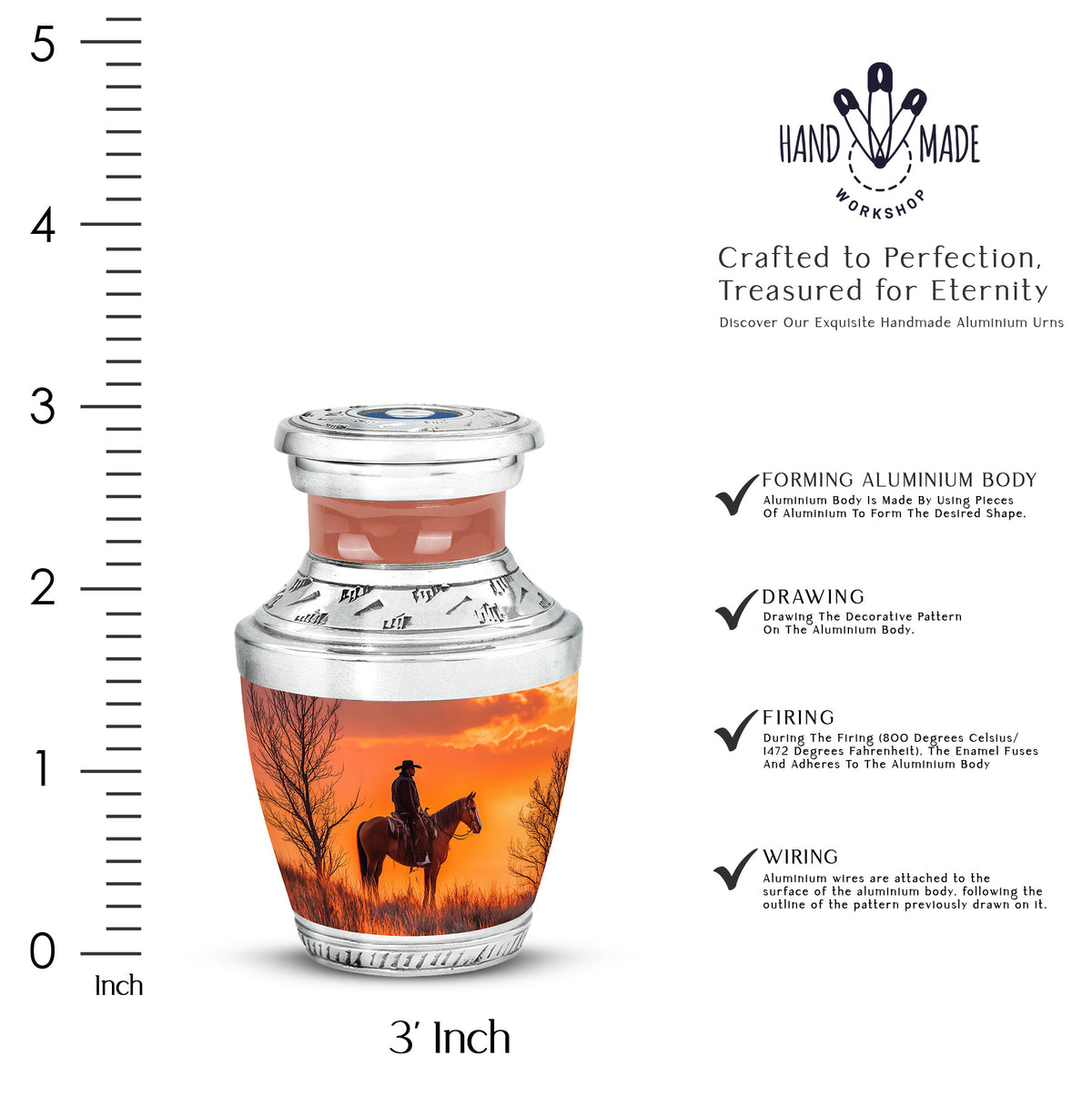 Crimson Red Cowboy Cremation Urn top-down view of secure threaded lid - contemporary cowboy design with modern artistic flair - mini keepsake memorial for portion of cremation ashes