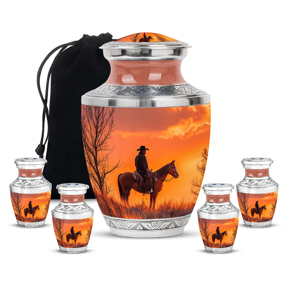 Cherry Red Cowboy Cremation Urn lifestyle display on memorial shelf - artistic cowboy interpretation with creative detail - memorial set with one large and four small urns