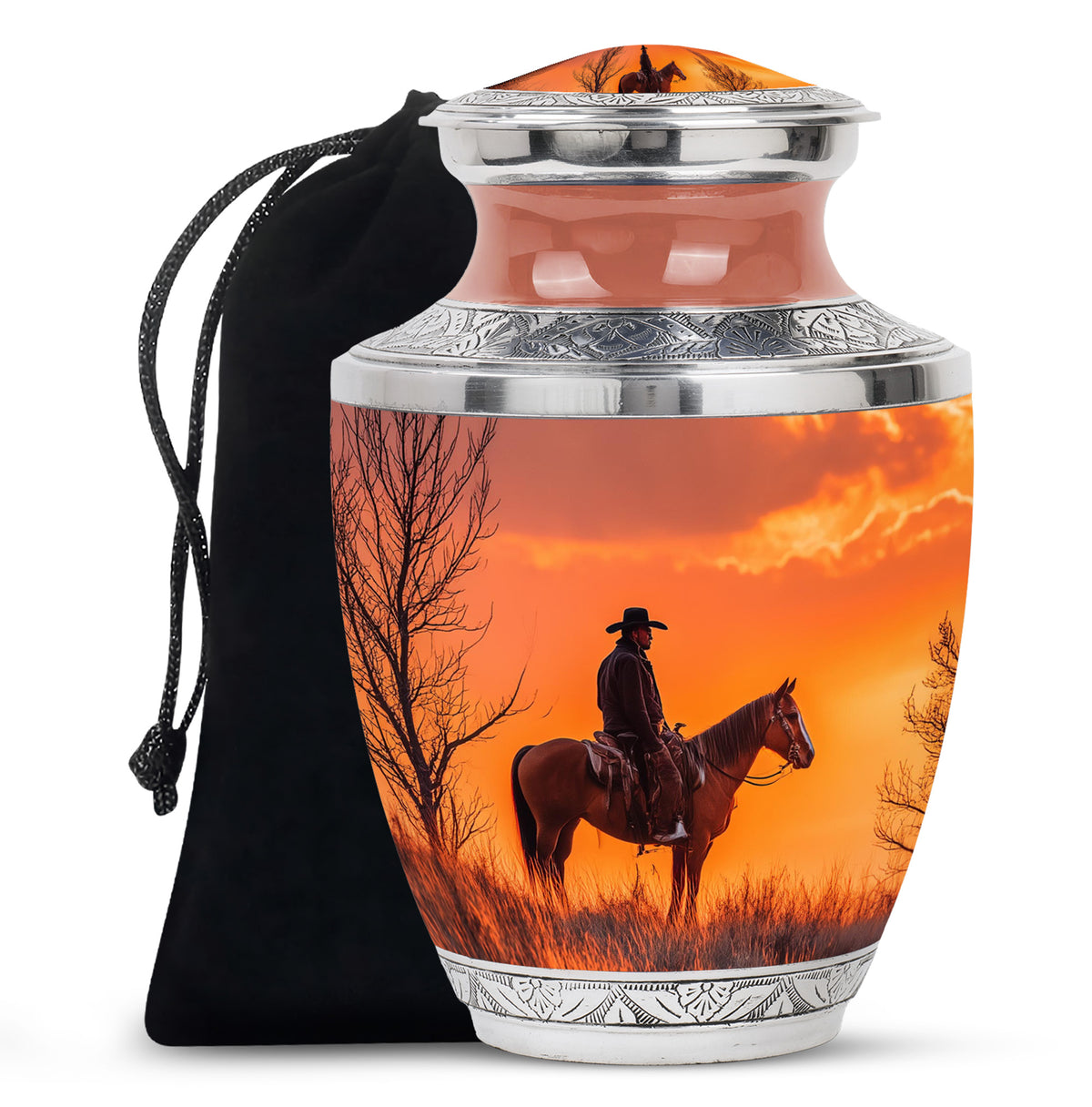 Rich Red Cowboy Cremation Urn side profile showing urn shape - artistic cowboy interpretation with creative detail - full-size 10 inch 200 cubic inch adult cremation urn