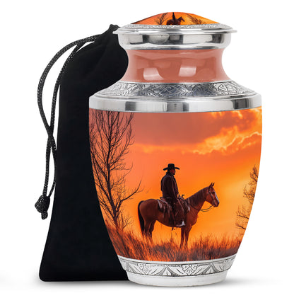 Rich Red Cowboy Cremation Urn side profile showing urn shape - artistic cowboy interpretation with creative detail - full-size 10 inch 200 cubic inch adult cremation urn