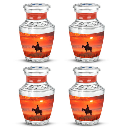 Deep Red Cowboy Cremation Urn back view with polished surface - contemporary cowboy design with modern artistic flair - 10 inch aluminum urn for cremated remains