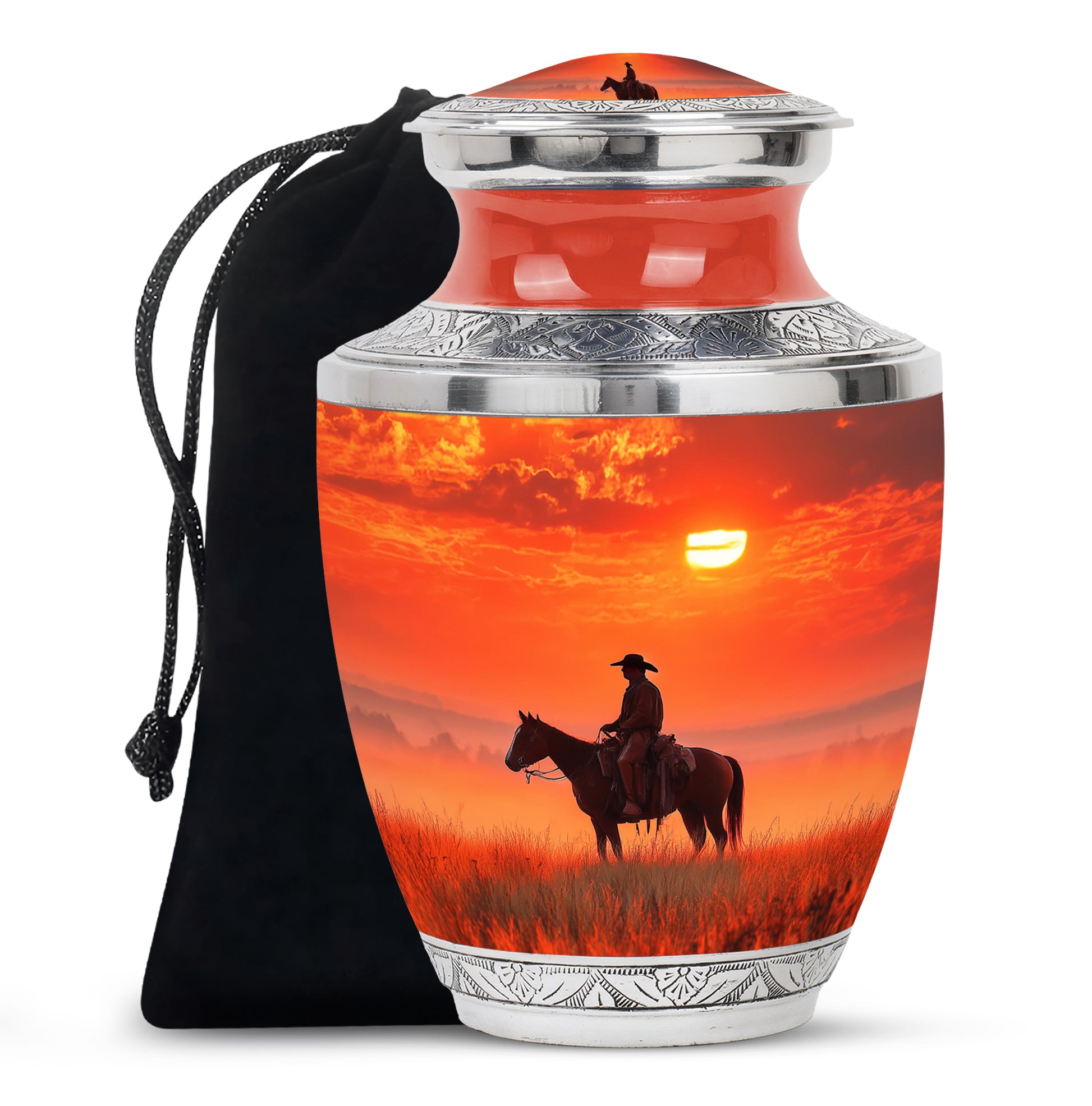 Crimson Red Cowboy Cremation Urn side profile showing urn shape - modern art-inspired cowboy motif on sleek aluminum - full-size 10 inch 200 cubic inch adult cremation urn
