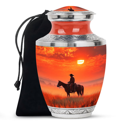 Crimson Red Cowboy Cremation Urn side profile showing urn shape - modern art-inspired cowboy motif on sleek aluminum - full-size 10 inch 200 cubic inch adult cremation urn