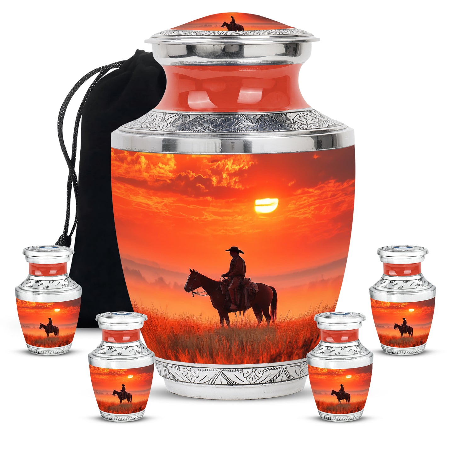 Garnet Red Cowboy Cremation Urn lifestyle display on memorial shelf - modern art-inspired cowboy motif on sleek aluminum - memorial set with one large and four small urns