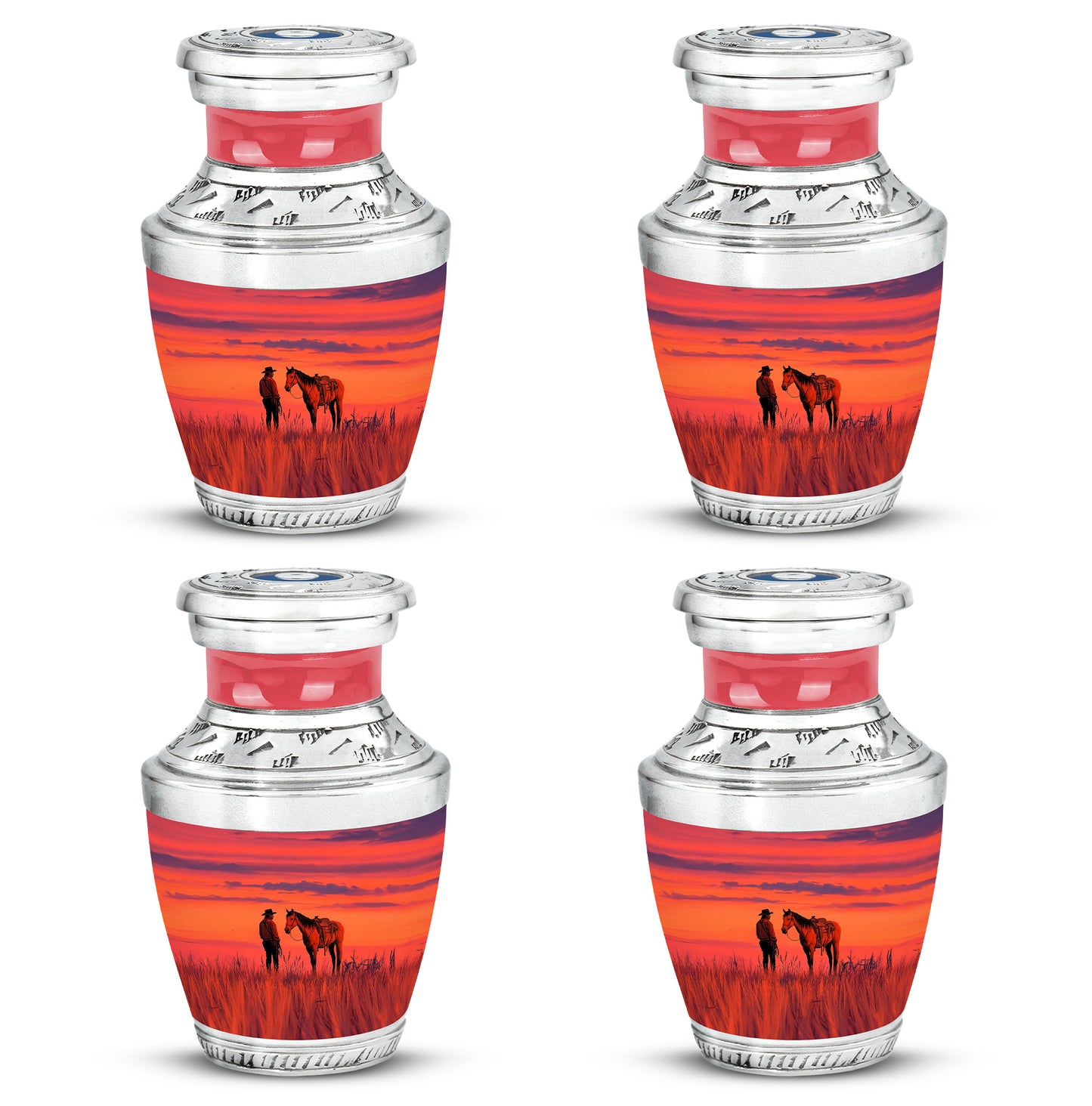 Fiery Red Cowboy Cremation Urn back view with polished surface - stylized abstract cowboy pattern with bold lines - 10 inch aluminum urn for cremated remains