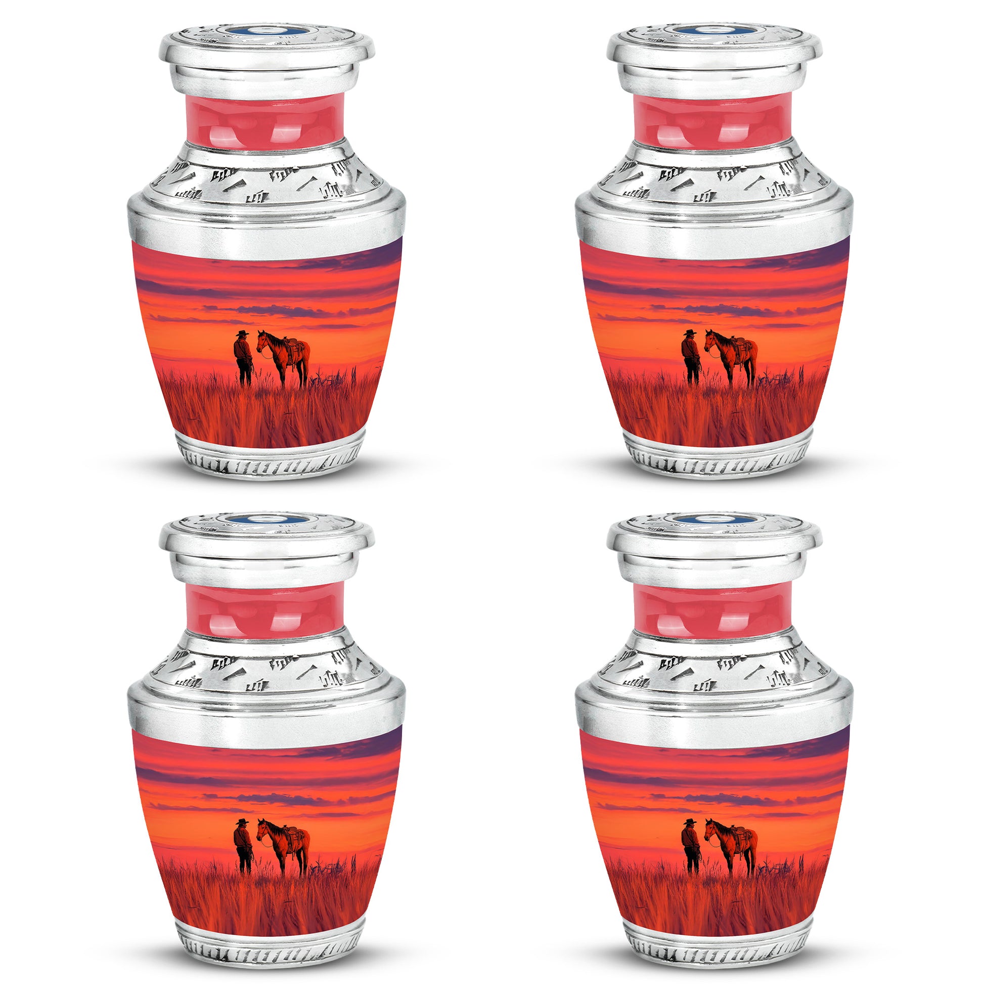 Fiery Red Cowboy Cremation Urn back view with polished surface - stylized abstract cowboy pattern with bold lines - 10 inch aluminum urn for cremated remains