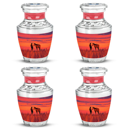 Fiery Red Cowboy Cremation Urn back view with polished surface - stylized abstract cowboy pattern with bold lines - 10 inch aluminum urn for cremated remains