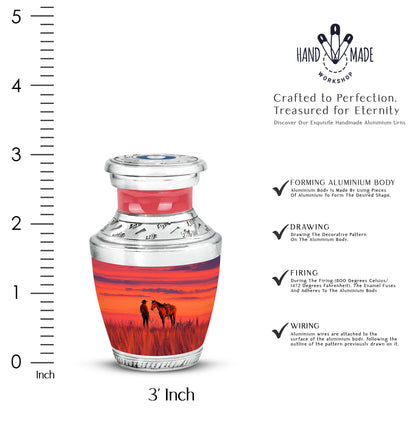 Cherry Red Cowboy Cremation Urn top-down view of secure threaded lid - artistic cowboy interpretation with creative detail - mini keepsake memorial for portion of cremation ashes