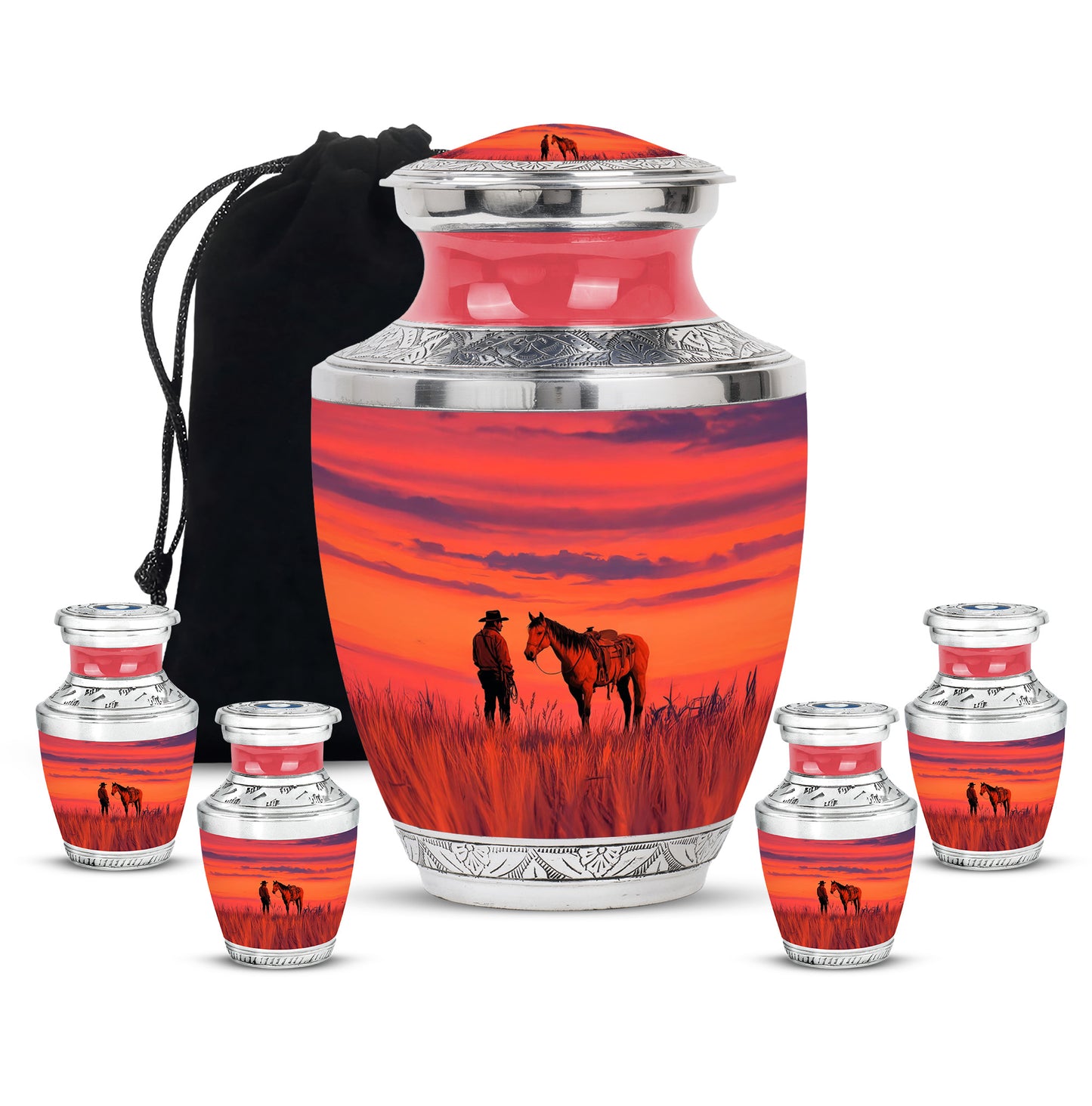 Ruby Red Cowboy Cremation Urn lifestyle display on memorial shelf - artistic cowboy interpretation with creative detail - memorial set with one large and four small urns