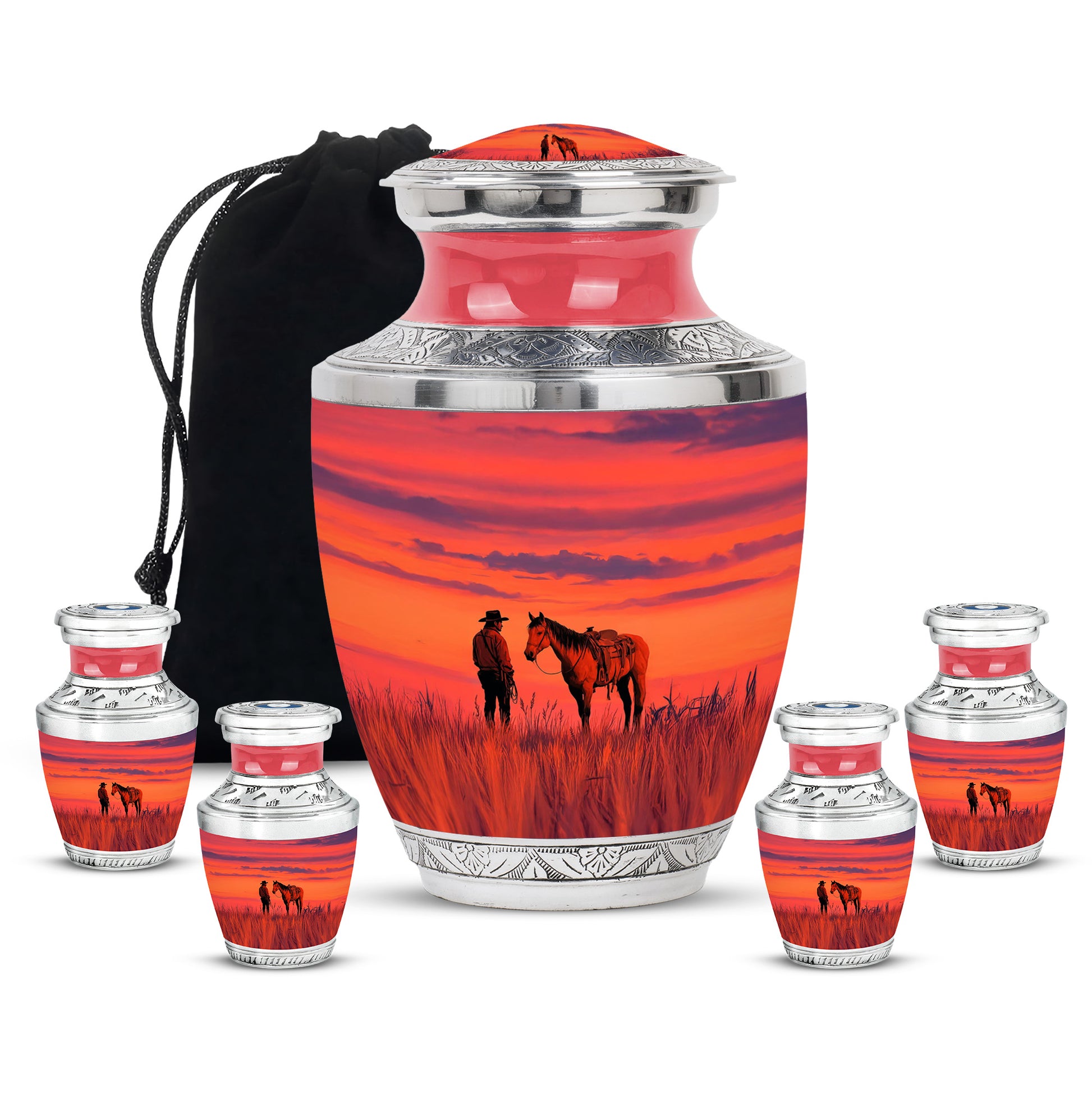 Ruby Red Cowboy Cremation Urn lifestyle display on memorial shelf - artistic cowboy interpretation with creative detail - memorial set with one large and four small urns