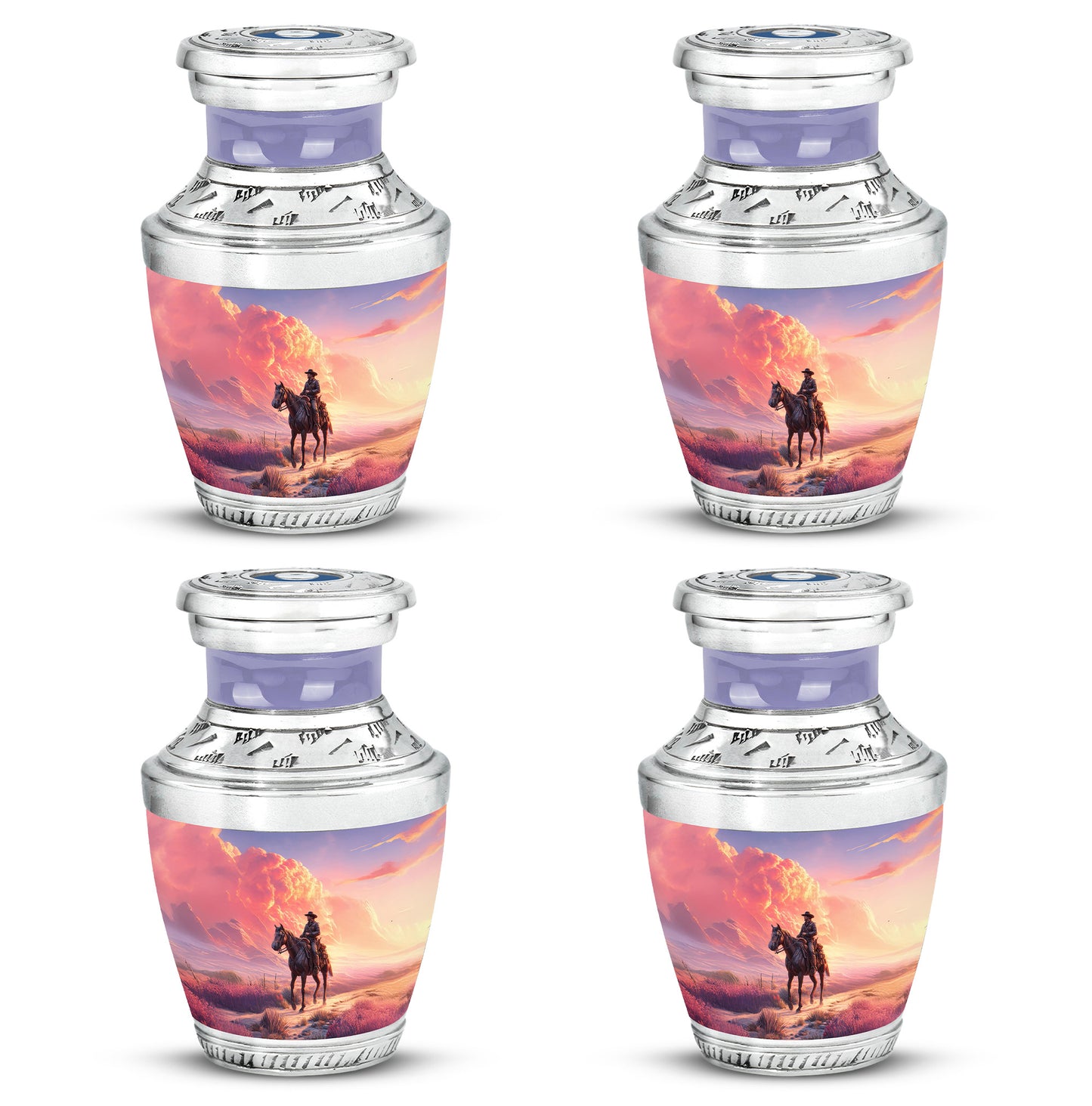 Royal Blue Cowboy Cremation Urn back view with polished surface - artistic cowboy interpretation with creative detail - 10 inch aluminum urn for cremated remains