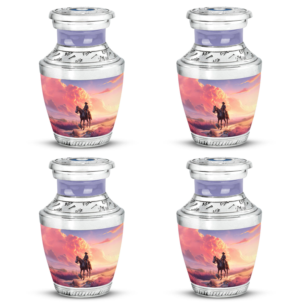 Royal Blue Cowboy Cremation Urn back view with polished surface - artistic cowboy interpretation with creative detail - 10 inch aluminum urn for cremated remains