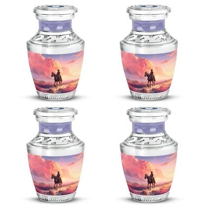 Royal Blue Cowboy Cremation Urn back view with polished surface - artistic cowboy interpretation with creative detail - 10 inch aluminum urn for cremated remains