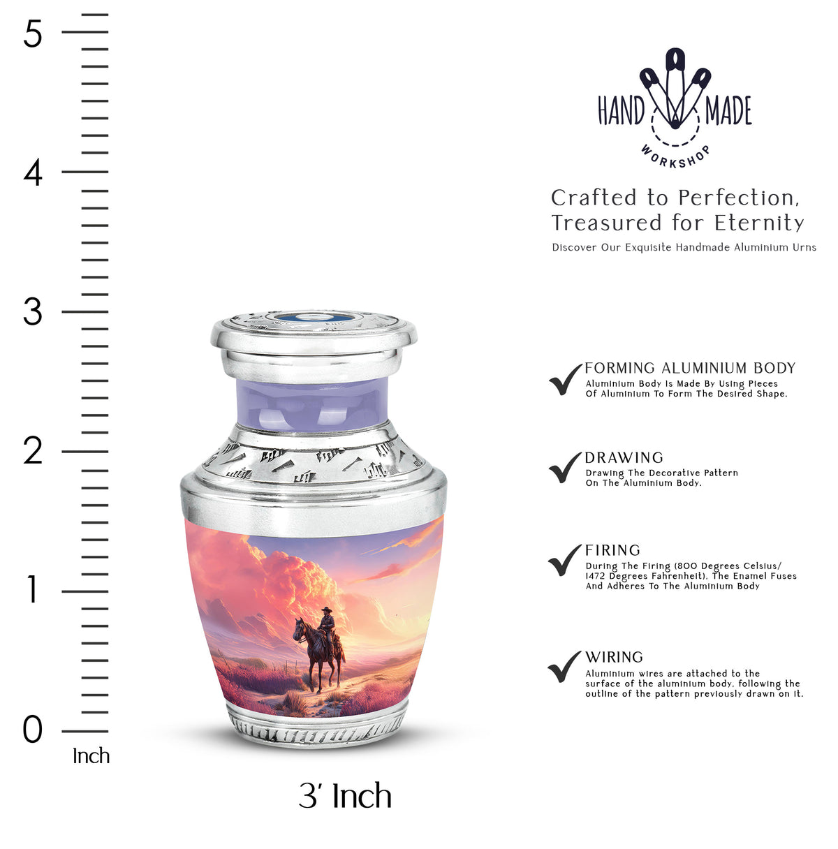 Soft Blue Cowboy Cremation Urn top-down view of secure threaded lid - artistic cowboy interpretation with creative detail - mini keepsake memorial for portion of cremation ashes