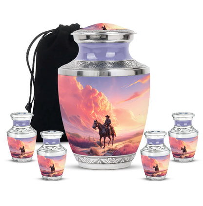 Steel Blue Cowboy Cremation Urn lifestyle display on memorial shelf - artistic cowboy interpretation with creative detail - memorial set with one large and four small urns