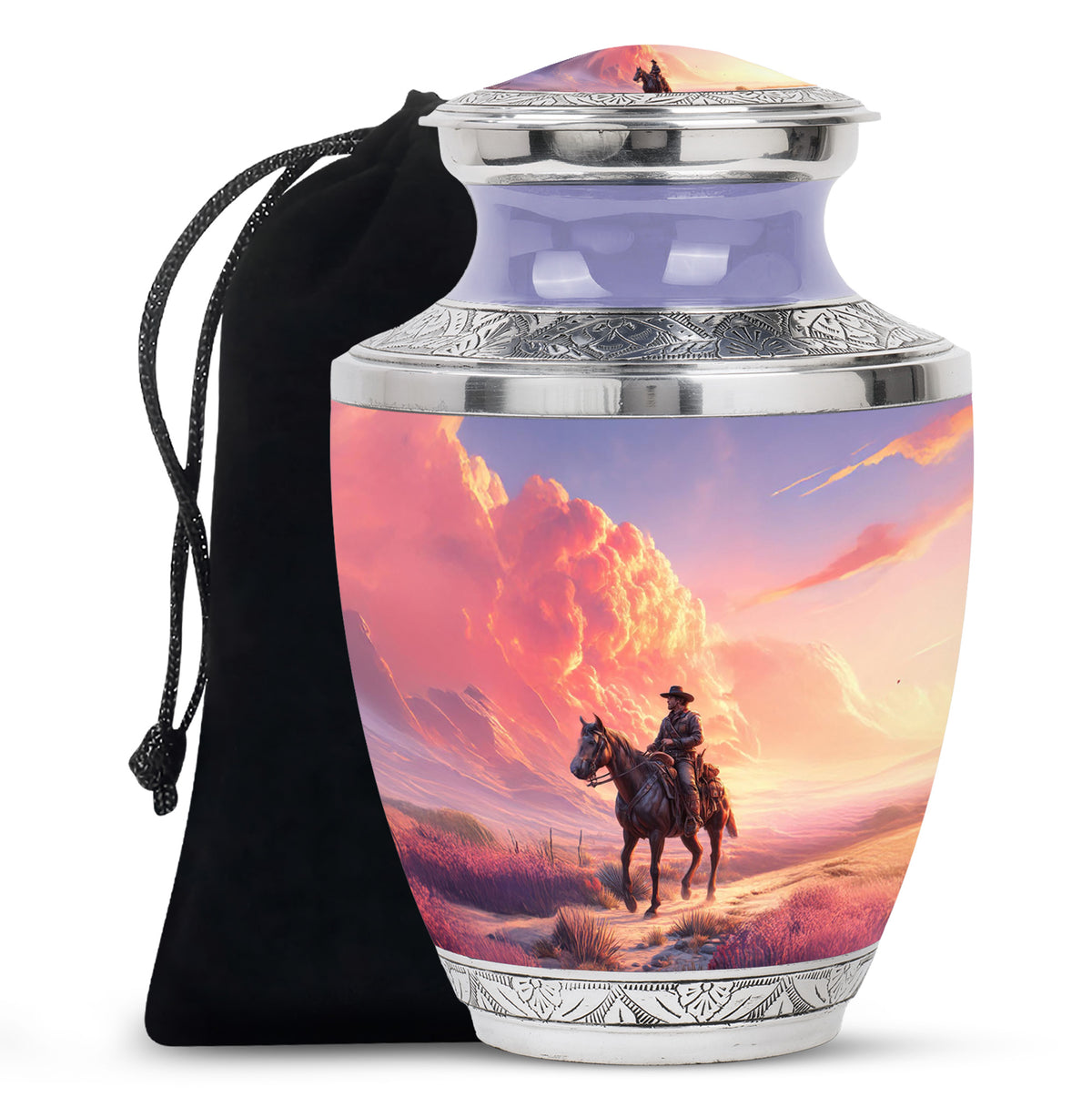 Cobalt Blue Cowboy Cremation Urn side profile showing urn shape - stylized abstract cowboy pattern with bold lines - full-size 10 inch 200 cubic inch adult cremation urn