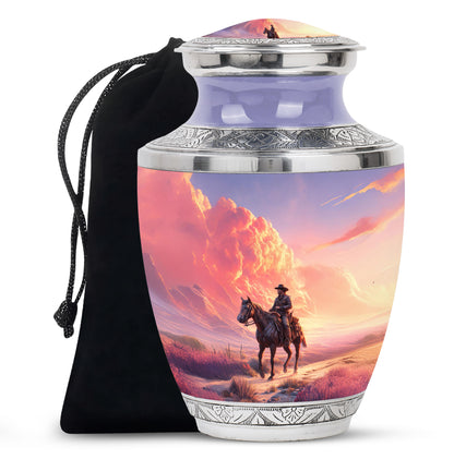 Cobalt Blue Cowboy Cremation Urn side profile showing urn shape - stylized abstract cowboy pattern with bold lines - full-size 10 inch 200 cubic inch adult cremation urn