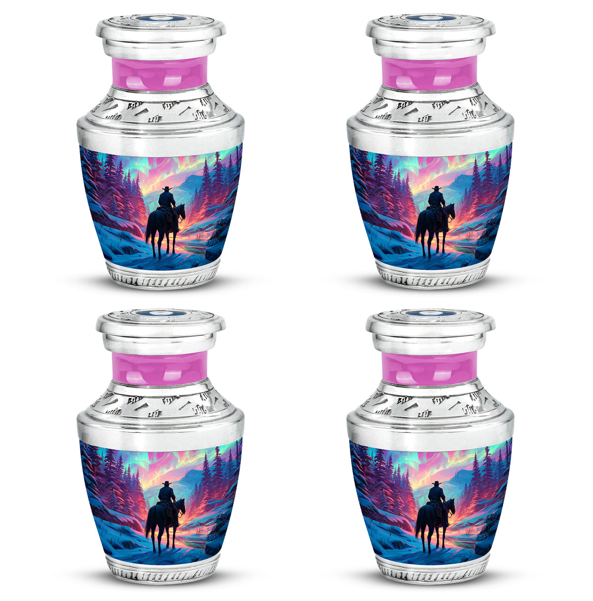 Salmon Pink Cowboy Cremation Urn back view with polished surface - stylized abstract cowboy pattern with bold lines - 10 inch aluminum urn for cremated remains