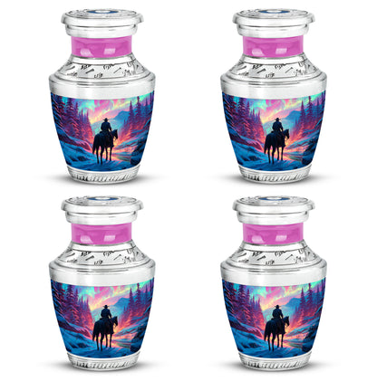 Salmon Pink Cowboy Cremation Urn back view with polished surface - stylized abstract cowboy pattern with bold lines - 10 inch aluminum urn for cremated remains