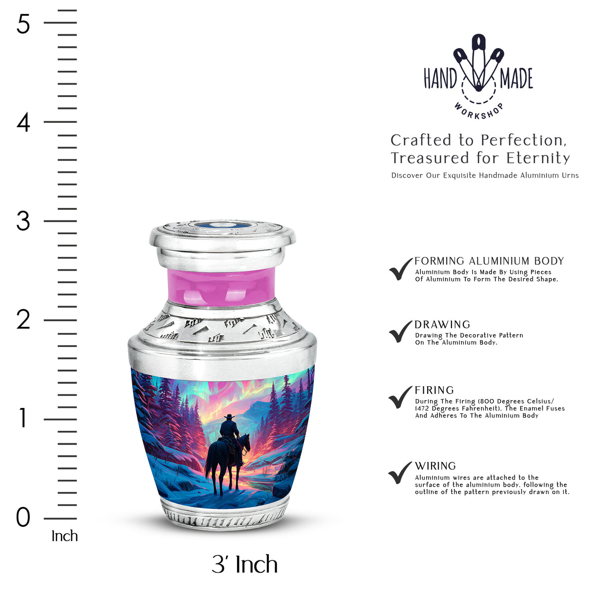 Pastel Pink Cowboy Cremation Urn top-down view of secure threaded lid - contemporary cowboy design with modern artistic flair - mini keepsake memorial for portion of cremation ashes